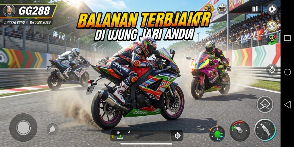 Screenshot utama GG288 menampilkan aksi balap motor yang mendebarkan.
