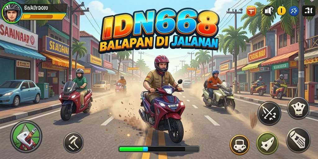 Screenshot gameplay IDN668 menunjukkan balapan dengan mobil yang menampilkan kecepatan tinggi.