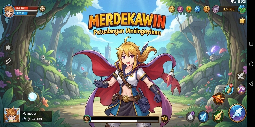 Tampilan menakjubkan dari gameplay dalam <strong>MERDEKAWIN</strong> dengan karakter anime yang menarik.