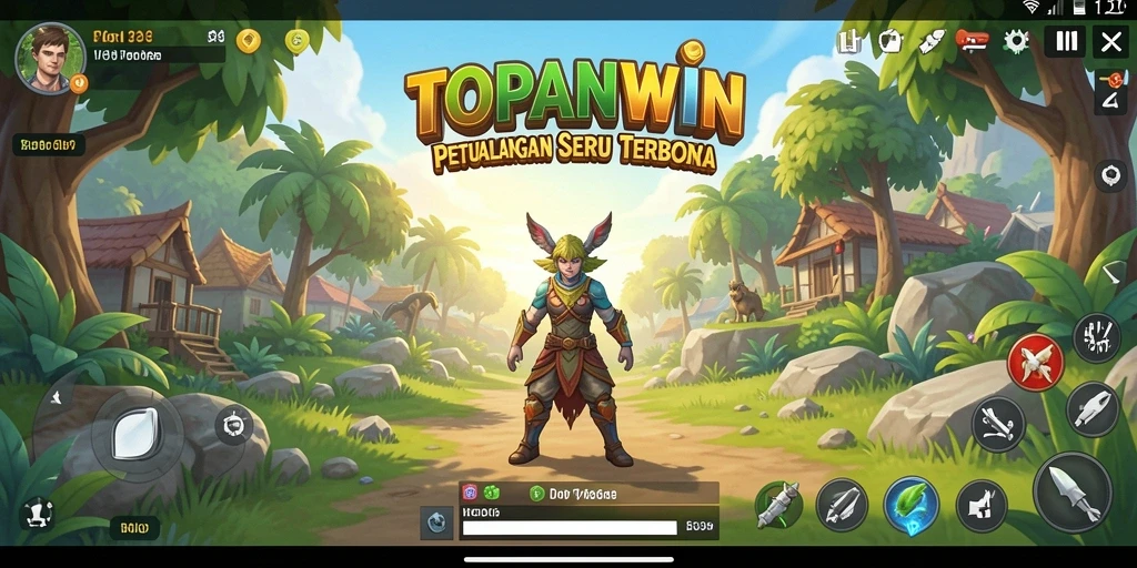 Screenshot gameplay TOPANWIN yang menunjukkan petualangan di dunia terbuka.